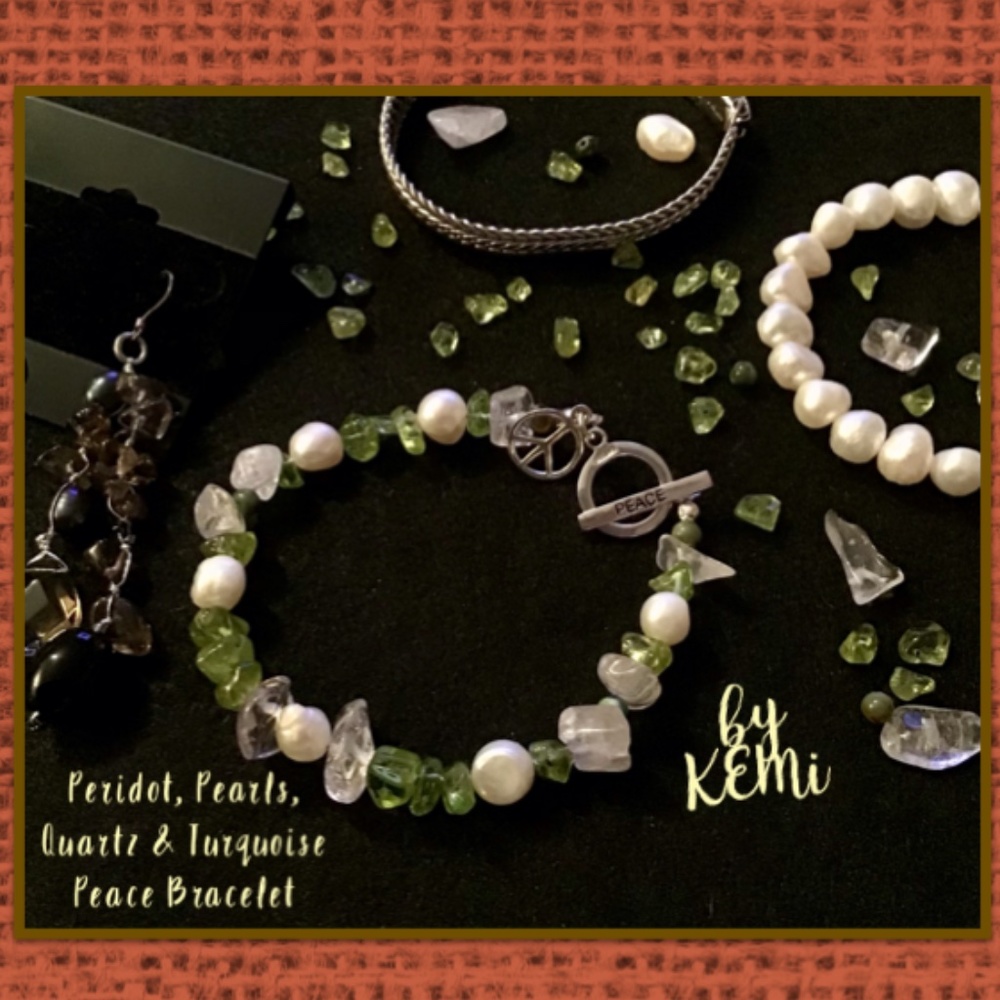 Genuine Freshwater Pearls-Peridot-Quartz-Turquoise & Sterling Silver Bracelet